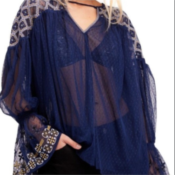 Free People Joyride Embroidered Sheer Mesh Long Sleeve Top M - Picture 1 of 8